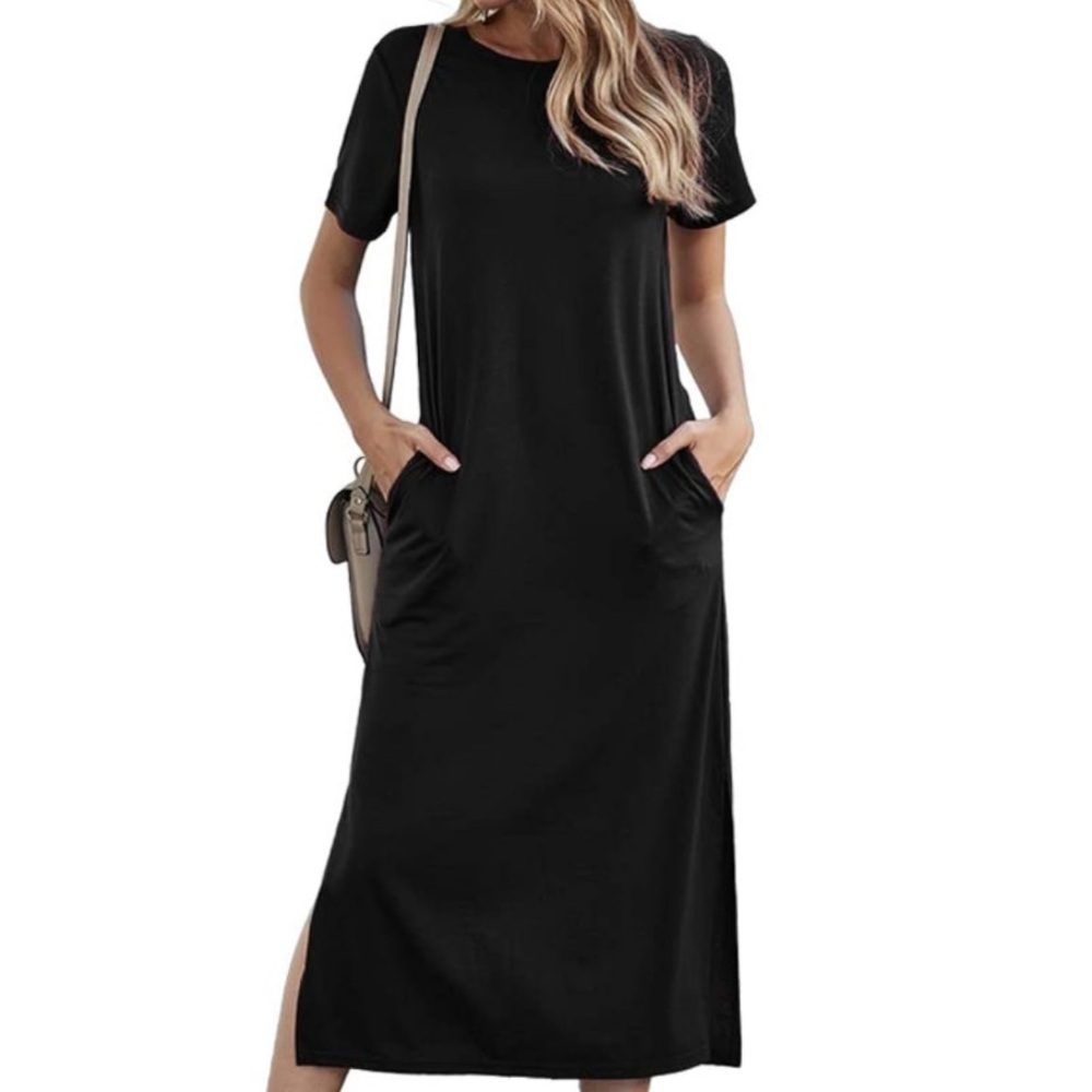 Naggoo Women's Black Short Sleeve Casual Long Pocket T Shirt Midi Dress XXL
